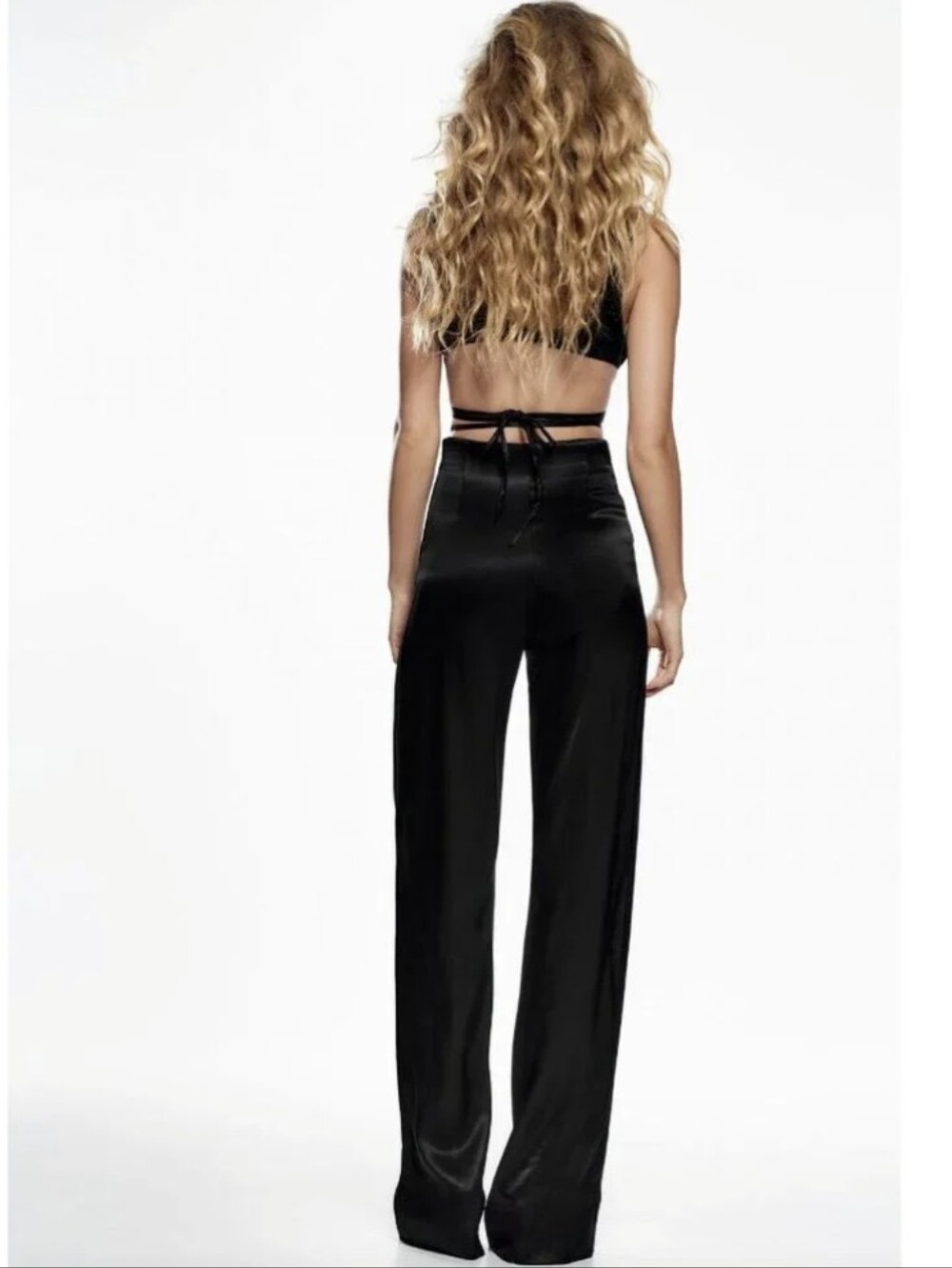 Zara BLOGGER'S FAVE High Rise Black Satin Pants With Waist Drawstring Medium NWT - Picture 3 of 13